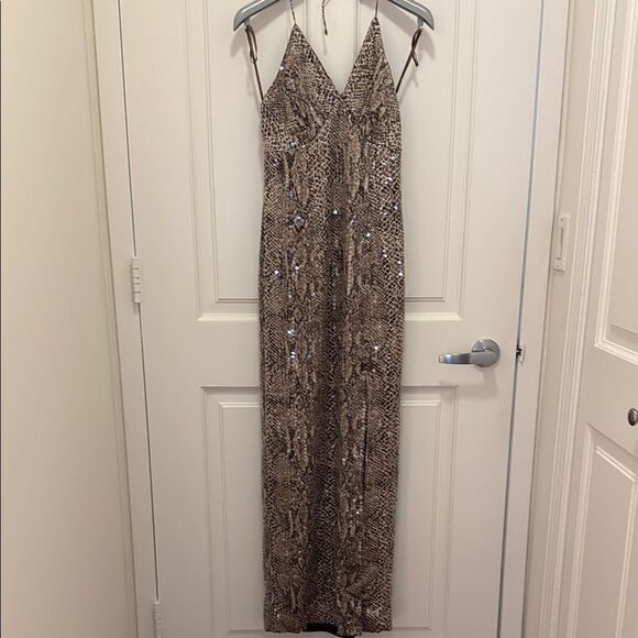 Designer Evening Gown with Halter Top in Snake Print with Scattered Sequins. - Picture 3 of 6